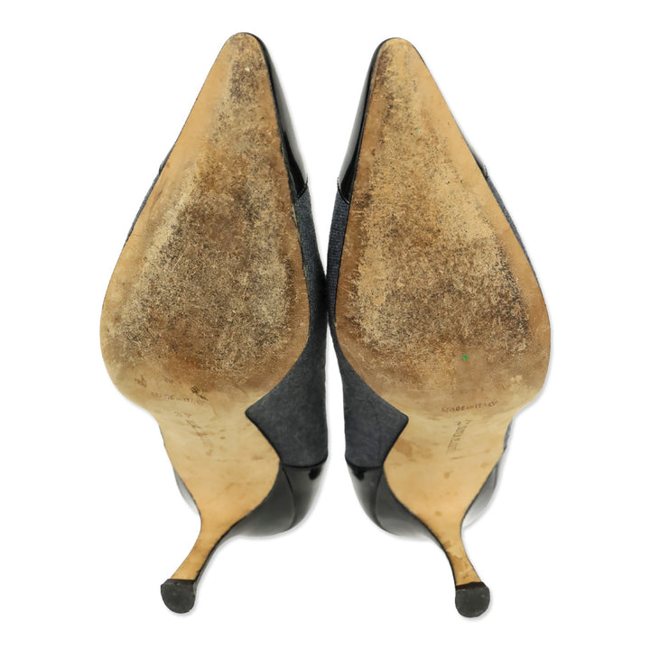 Manolo Blahnik Grey Denim/Black Patent Mary Jane Pumps