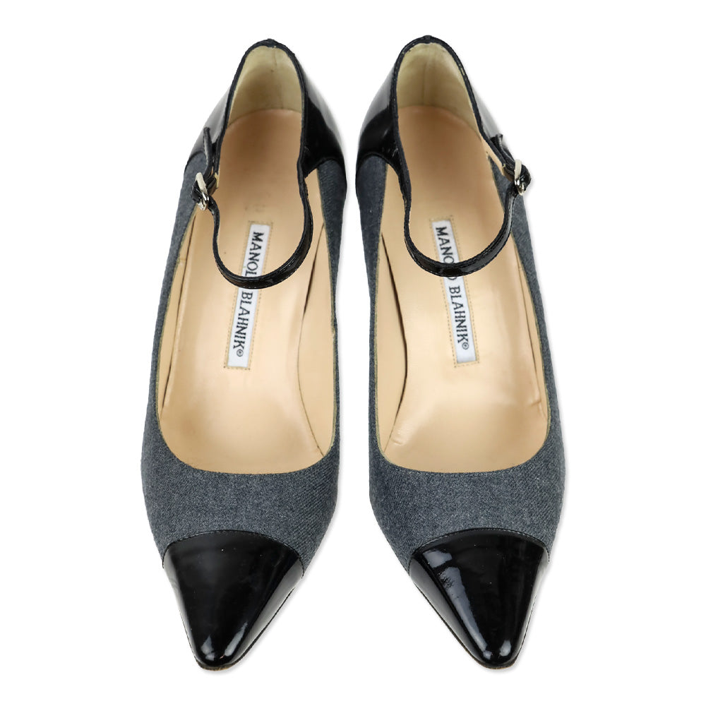 Manolo Blahnik Grey Denim/Black Patent Mary Jane Pumps