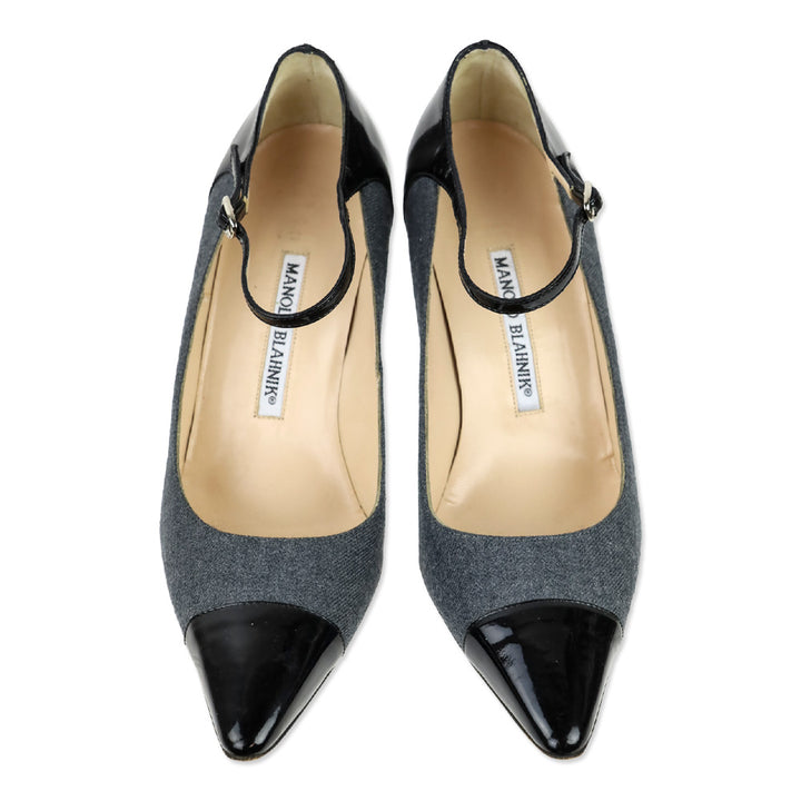 Manolo Blahnik Grey Denim/Black Patent Mary Jane Pumps