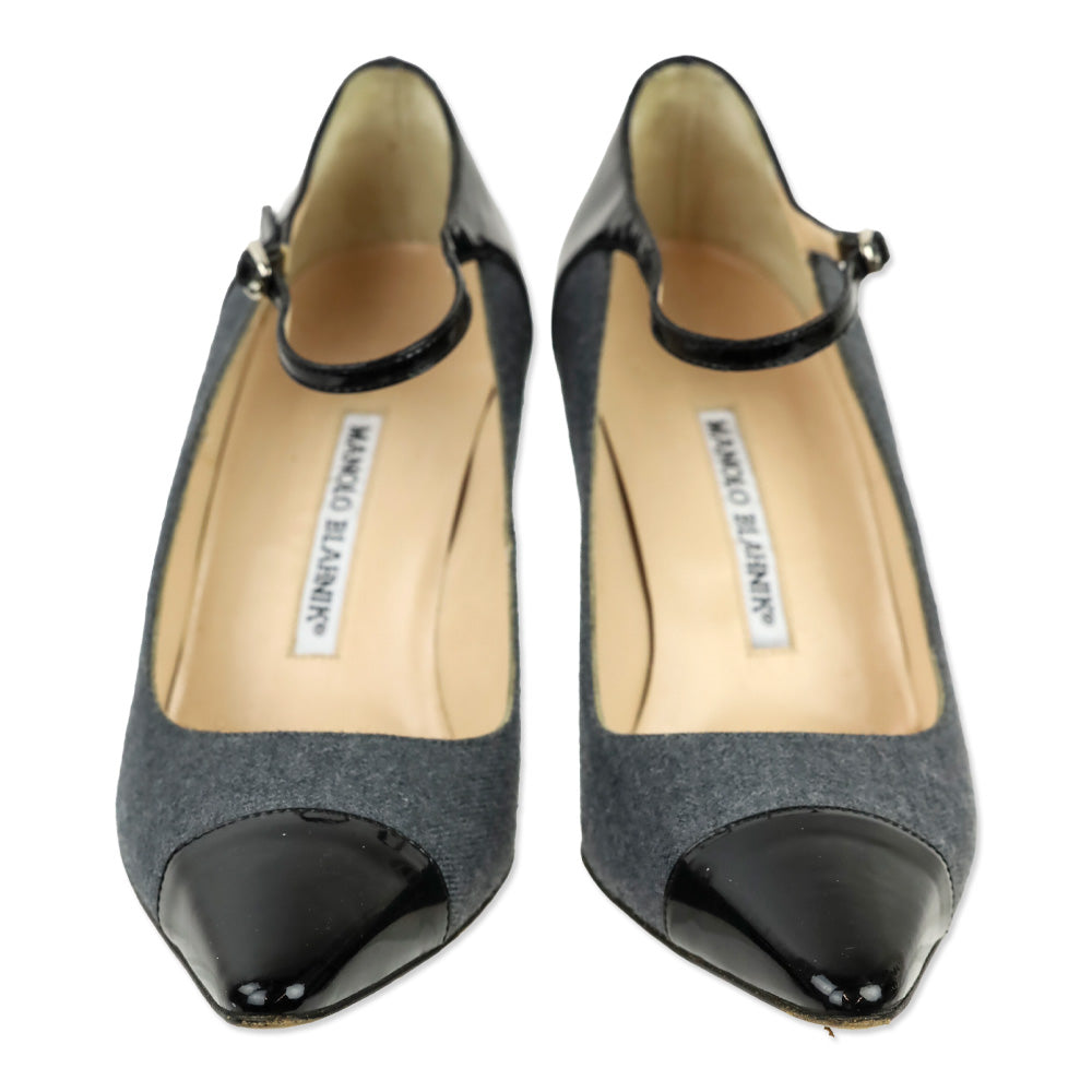 Manolo Blahnik Grey Denim/Black Patent Mary Jane Pumps