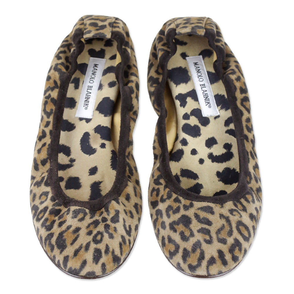 Manolo Blahnik Leopard Print Suede Togram Elastic Ballet Flats