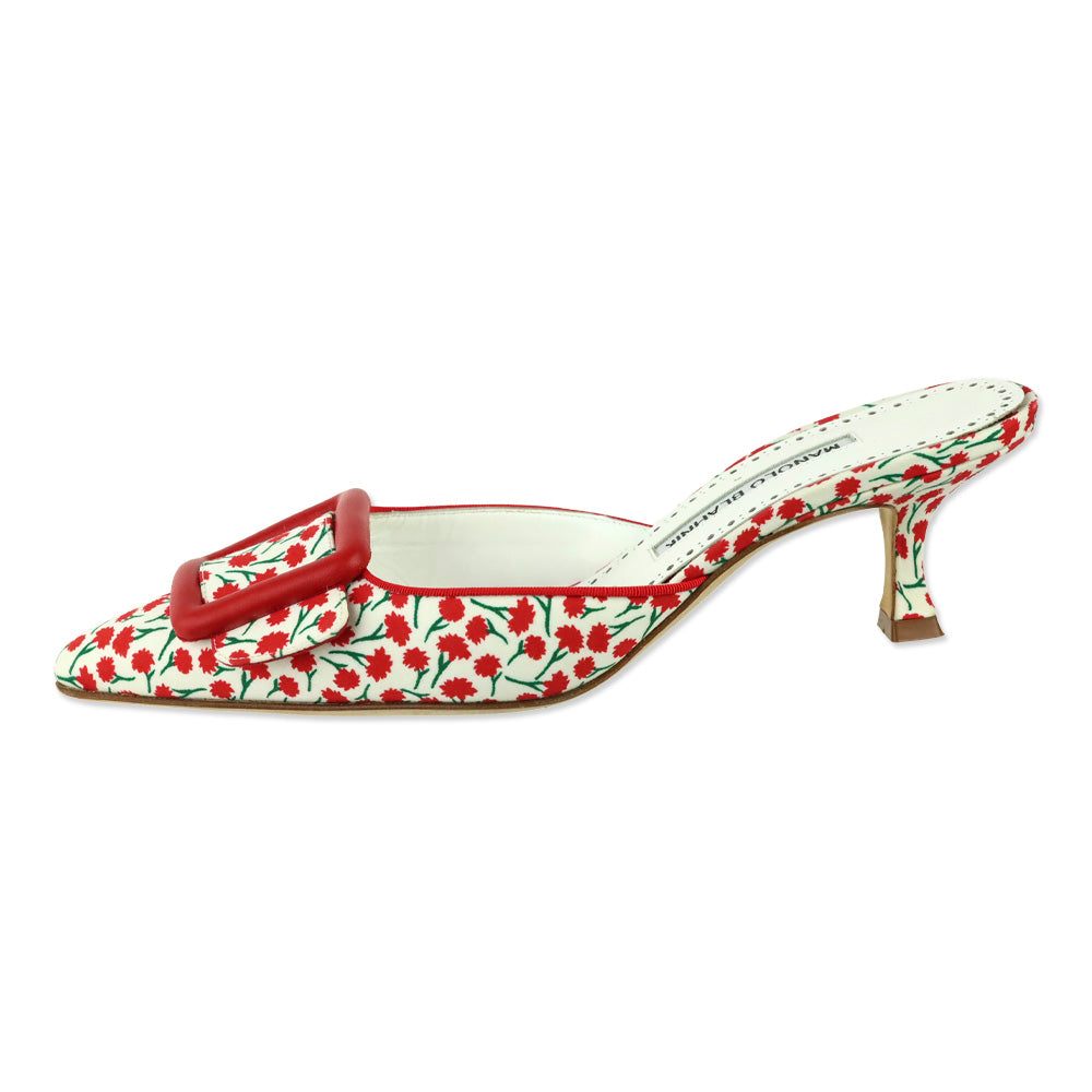 Manolo Blahnik Maysalebi 50MM Red Floral Print Buckle Detail Mules