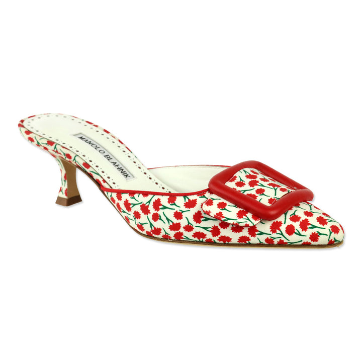 Manolo Blahnik Maysalebi 50MM Red Floral Print Buckle Detail Mules