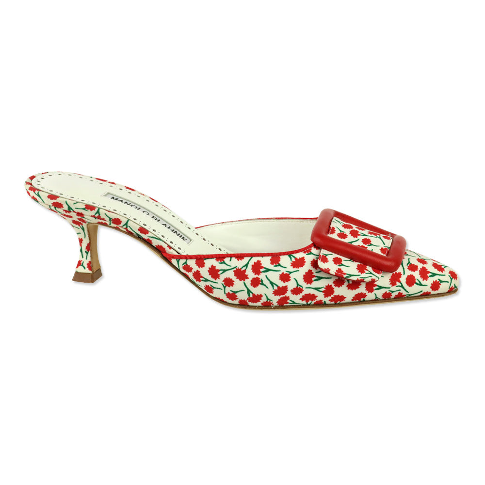 Manolo Blahnik Maysalebi 50MM Red Floral Print Buckle Detail Mules