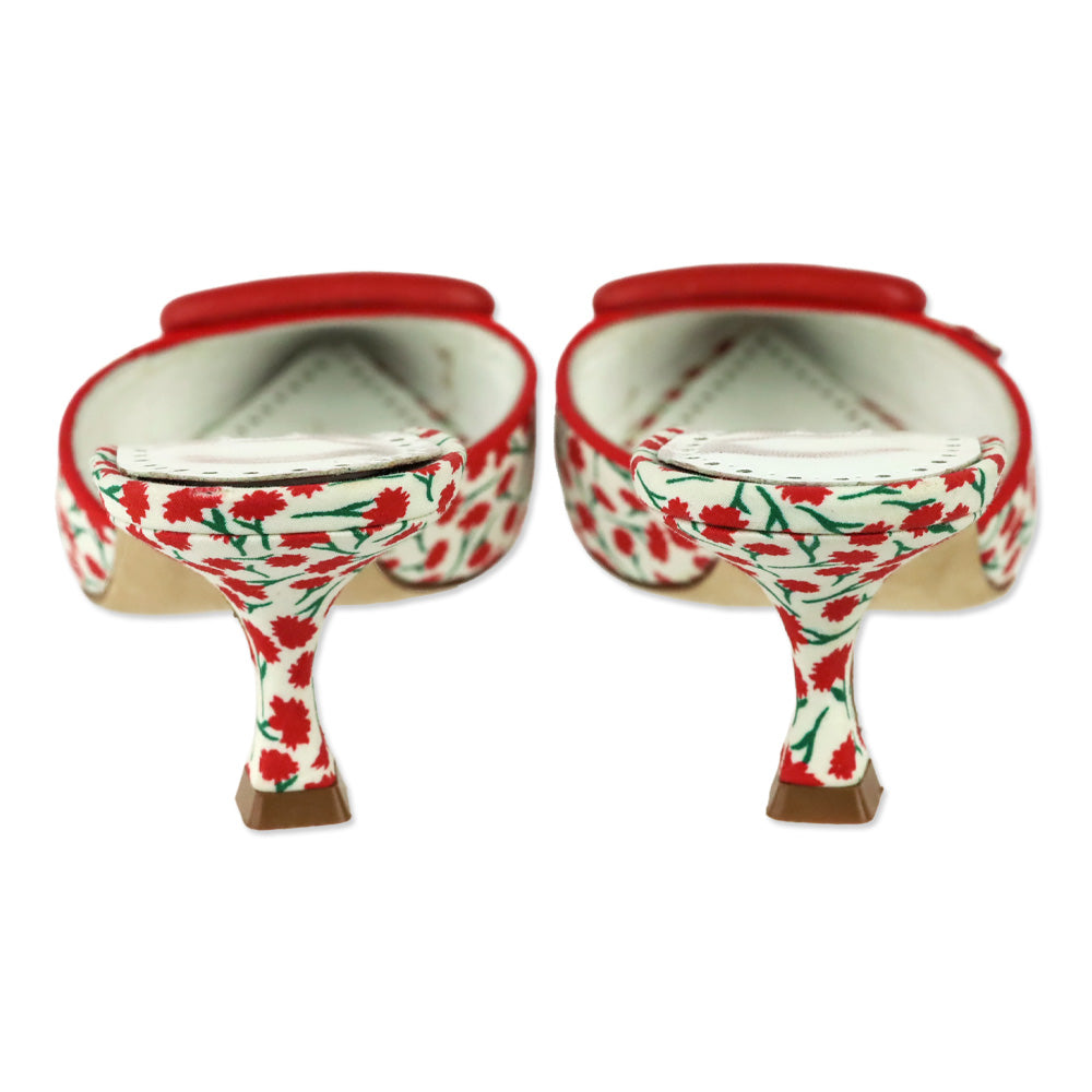 Manolo Blahnik Maysalebi 50MM Red Floral Print Buckle Detail Mules