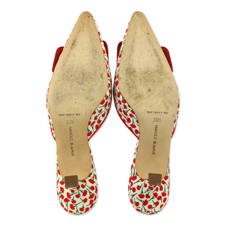 Manolo Blahnik Maysalebi 50MM Red Floral Print Buckle Detail Mules