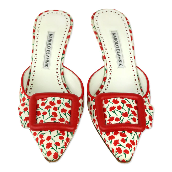 Manolo Blahnik Maysalebi 50MM Red Floral Print Buckle Detail Mules