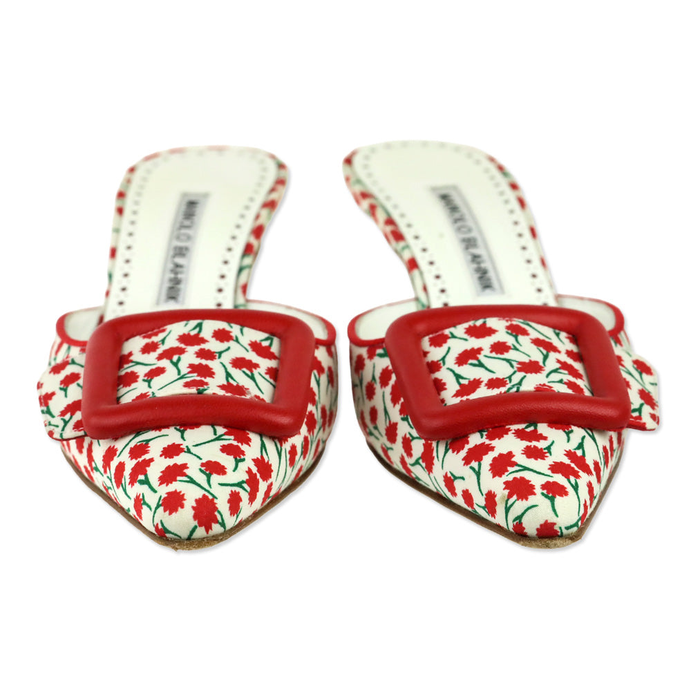 Manolo Blahnik Maysalebi 50MM Red Floral Print Buckle Detail Mules