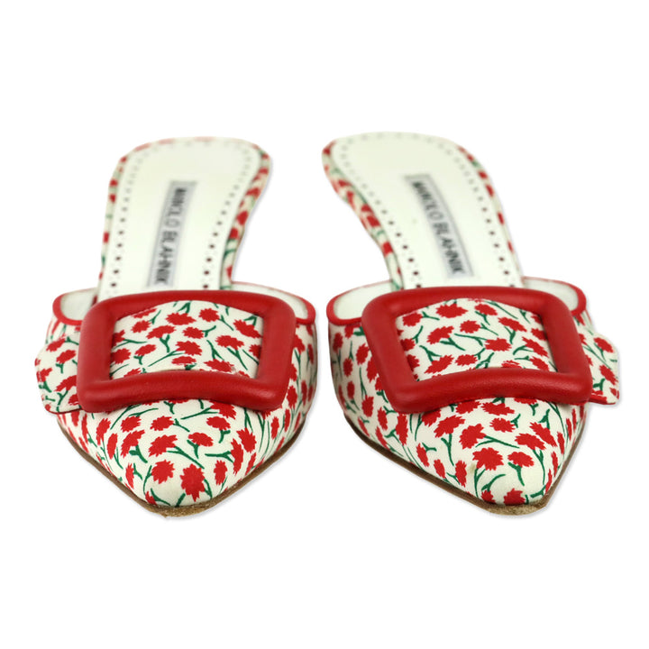 Manolo Blahnik Maysalebi 50MM Red Floral Print Buckle Detail Mules