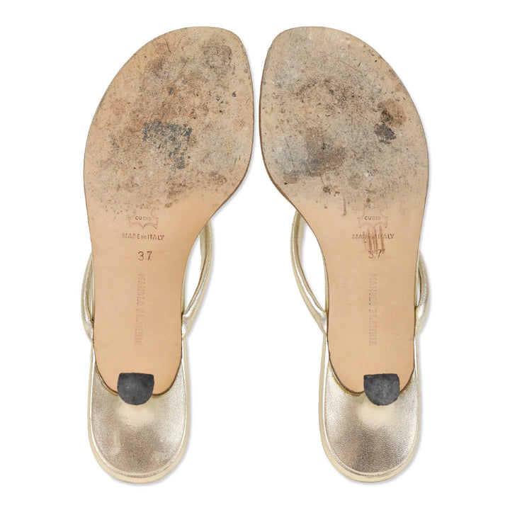 Manolo Blahnik Metallic Gold Leather Kitten Heel Thong Sandal