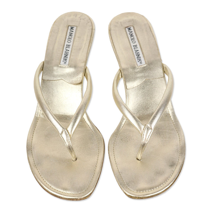Manolo Blahnik Metallic Gold Leather Kitten Heel Thong Sandal