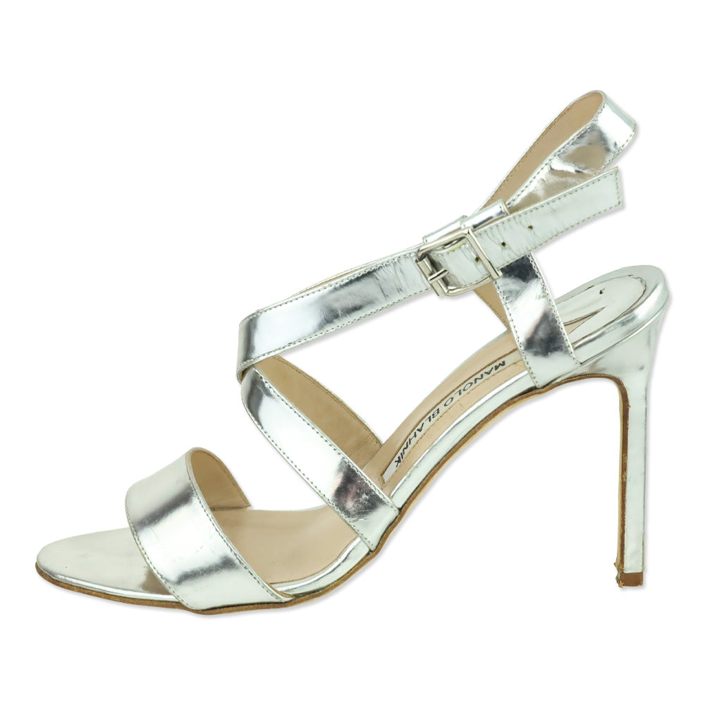 Manolo Blahnik Metallic Silver Leather X-Strappy Sandal