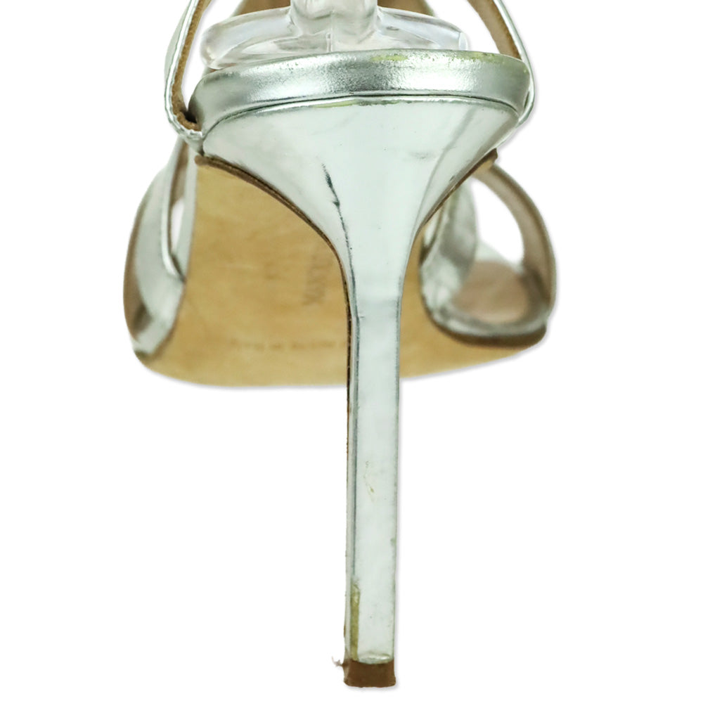 Manolo Blahnik Metallic Silver Leather X-Strappy Sandal
