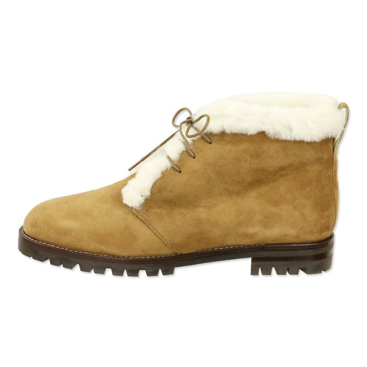 Manolo Blahnik Mircus Tan Suede Shearling Lace-Up Booties