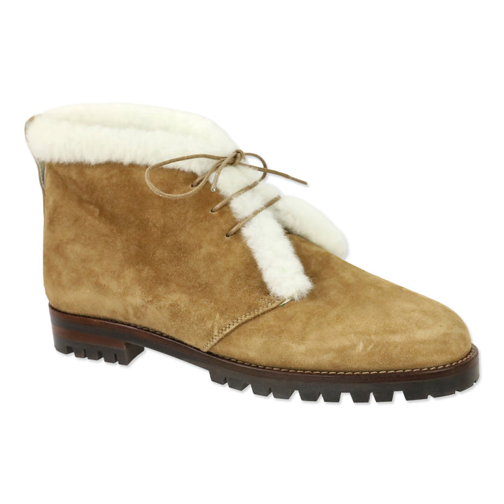 Manolo Blahnik Mircus Tan Suede Shearling Lace-Up Booties