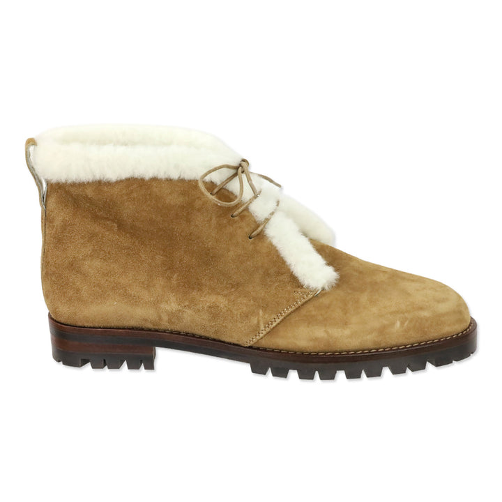 Manolo Blahnik Mircus Tan Suede Shearling Lace-Up Booties