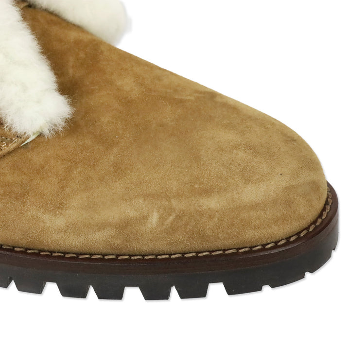 Manolo Blahnik Mircus Tan Suede Shearling Lace-Up Booties