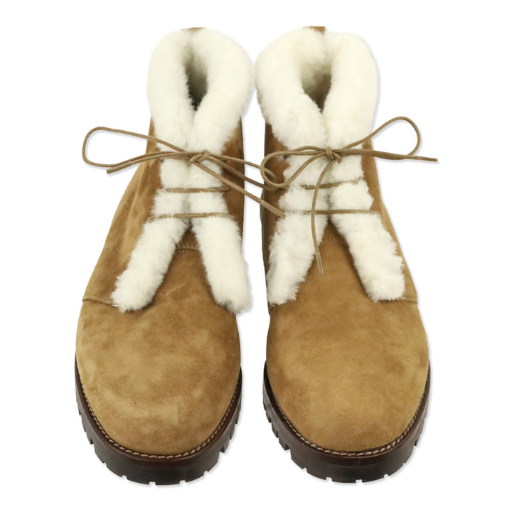 Manolo Blahnik Mircus Tan Suede Shearling Lace-Up Booties