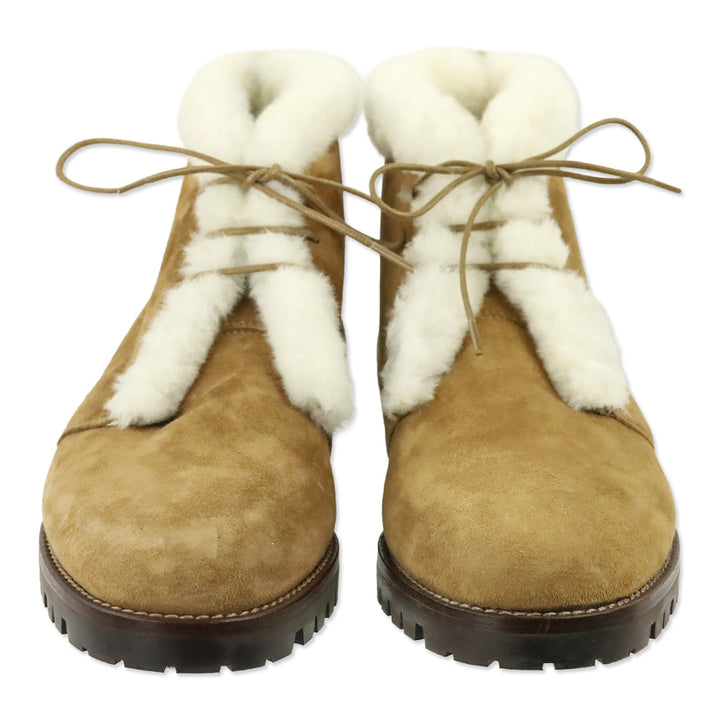 Manolo Blahnik Mircus Tan Suede Shearling Lace-Up Booties