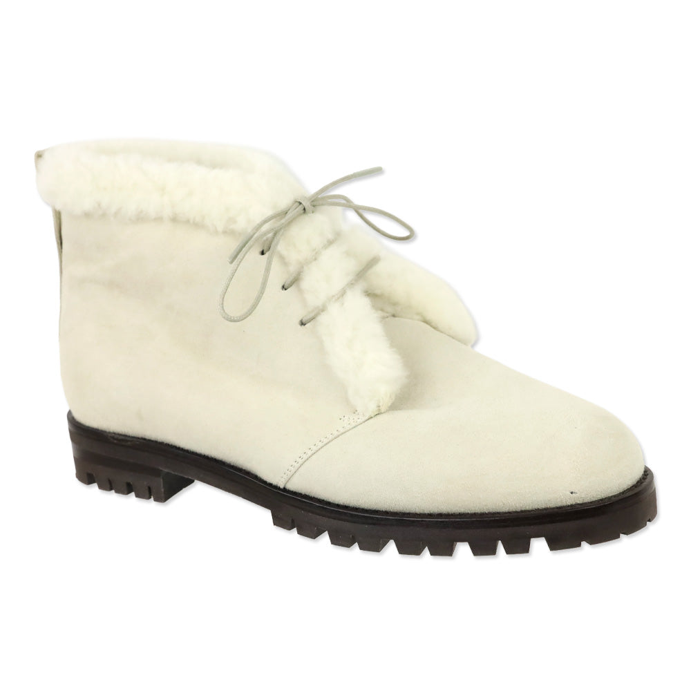 Manolo Blahnik Mircus White Suede Shearling Lace-Up Booties