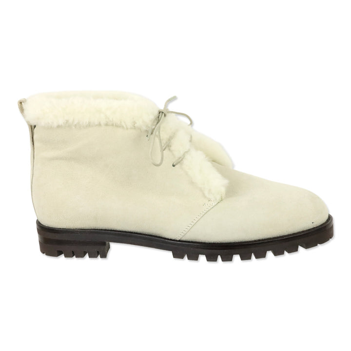 Manolo Blahnik Mircus White Suede Shearling Lace-Up Booties