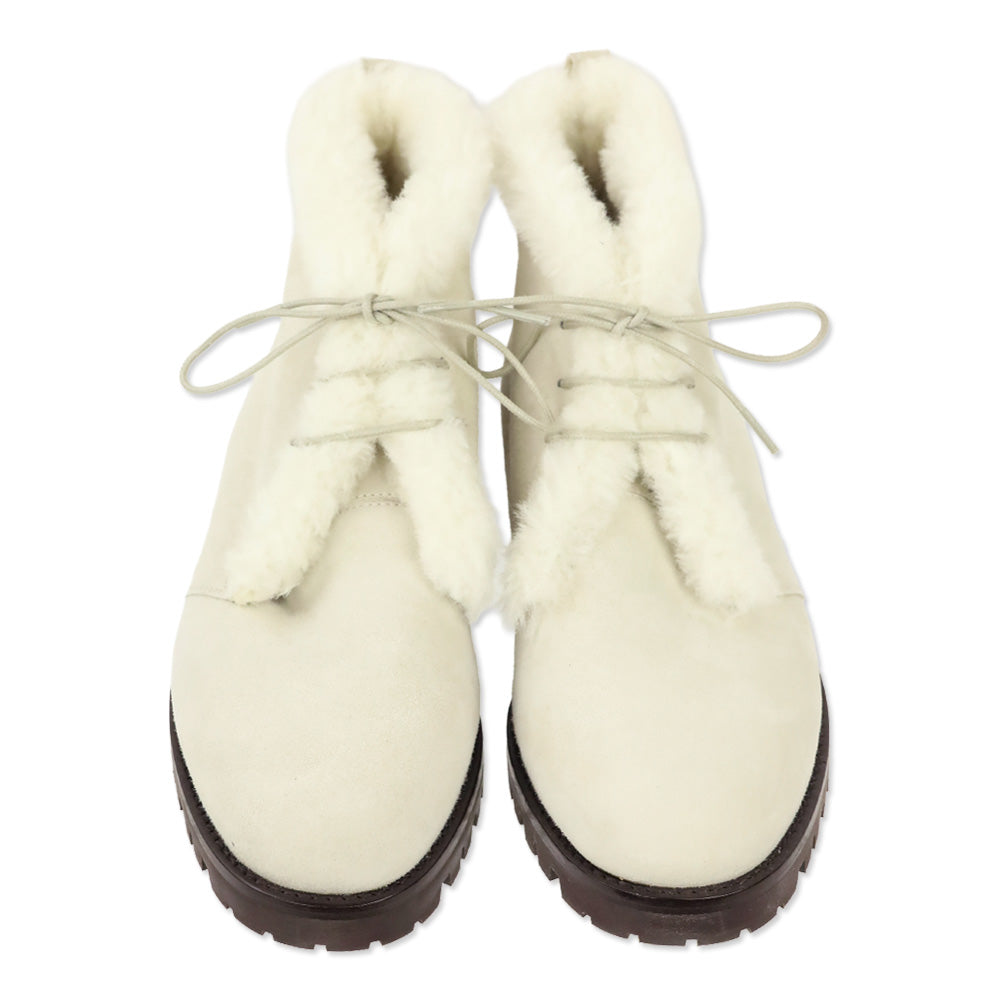 Manolo Blahnik Mircus White Suede Shearling Lace-Up Booties
