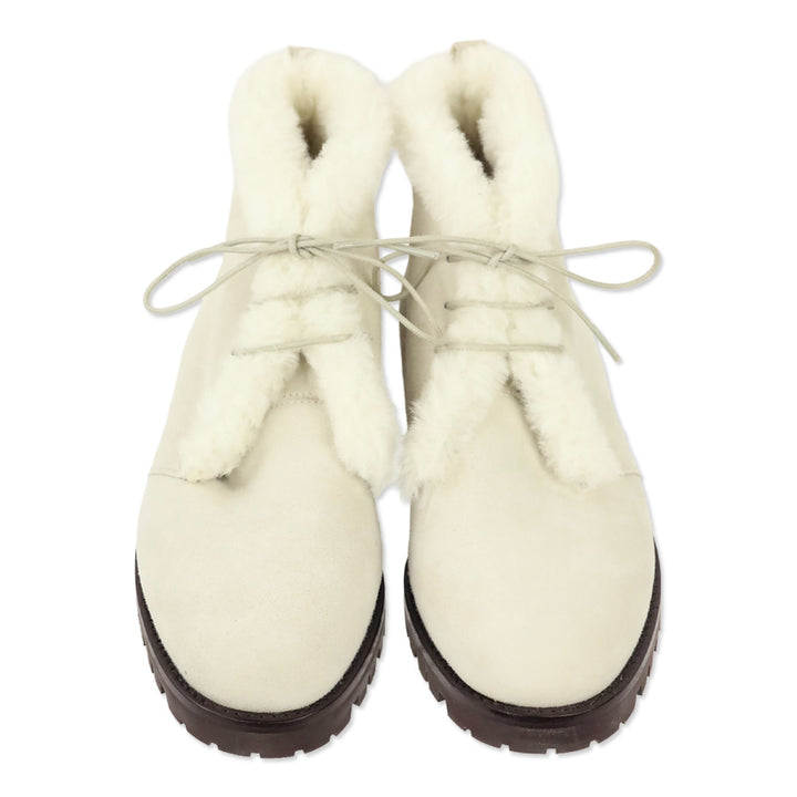 Manolo Blahnik Mircus White Suede Shearling Lace-Up Booties