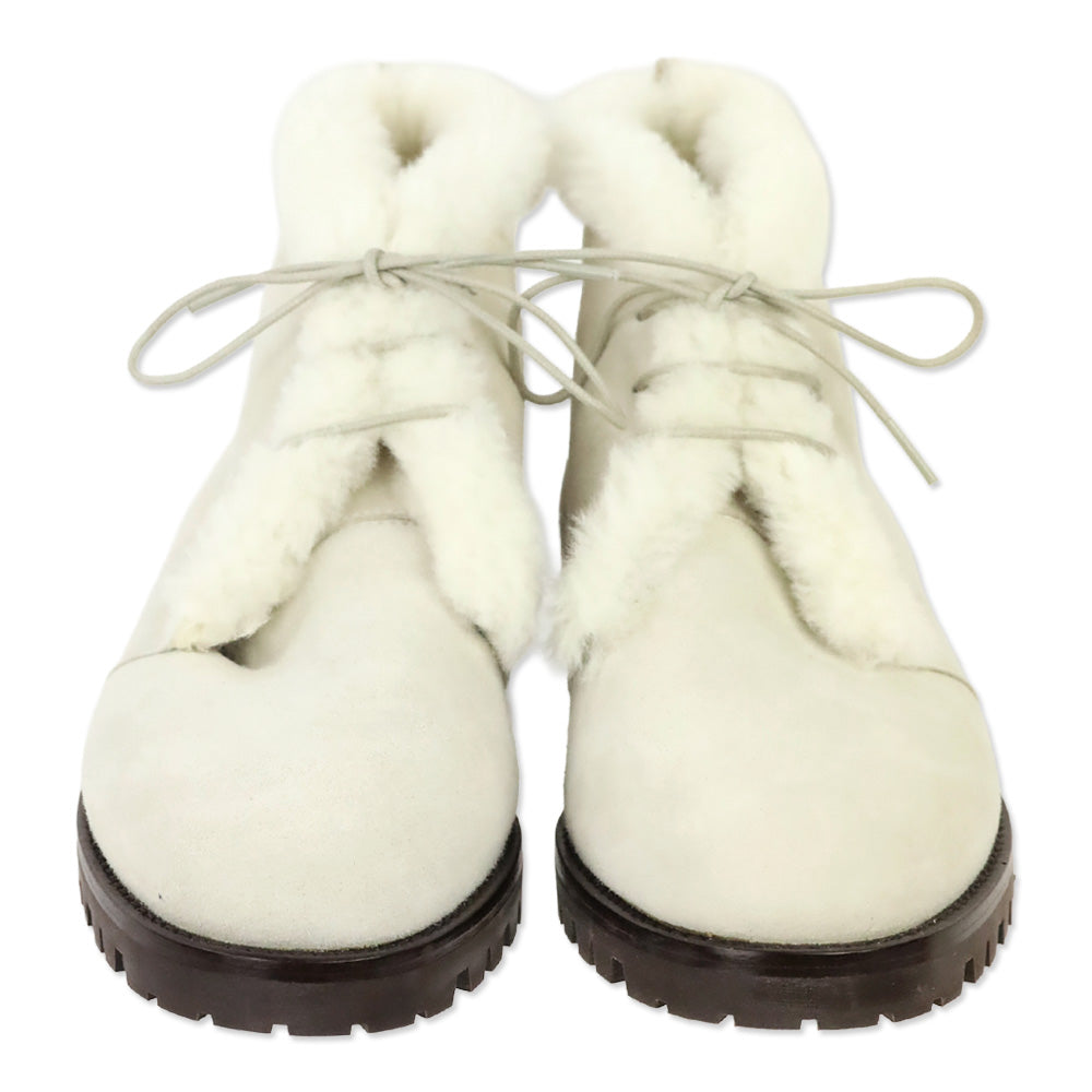 Manolo Blahnik Mircus White Suede Shearling Lace-Up Booties