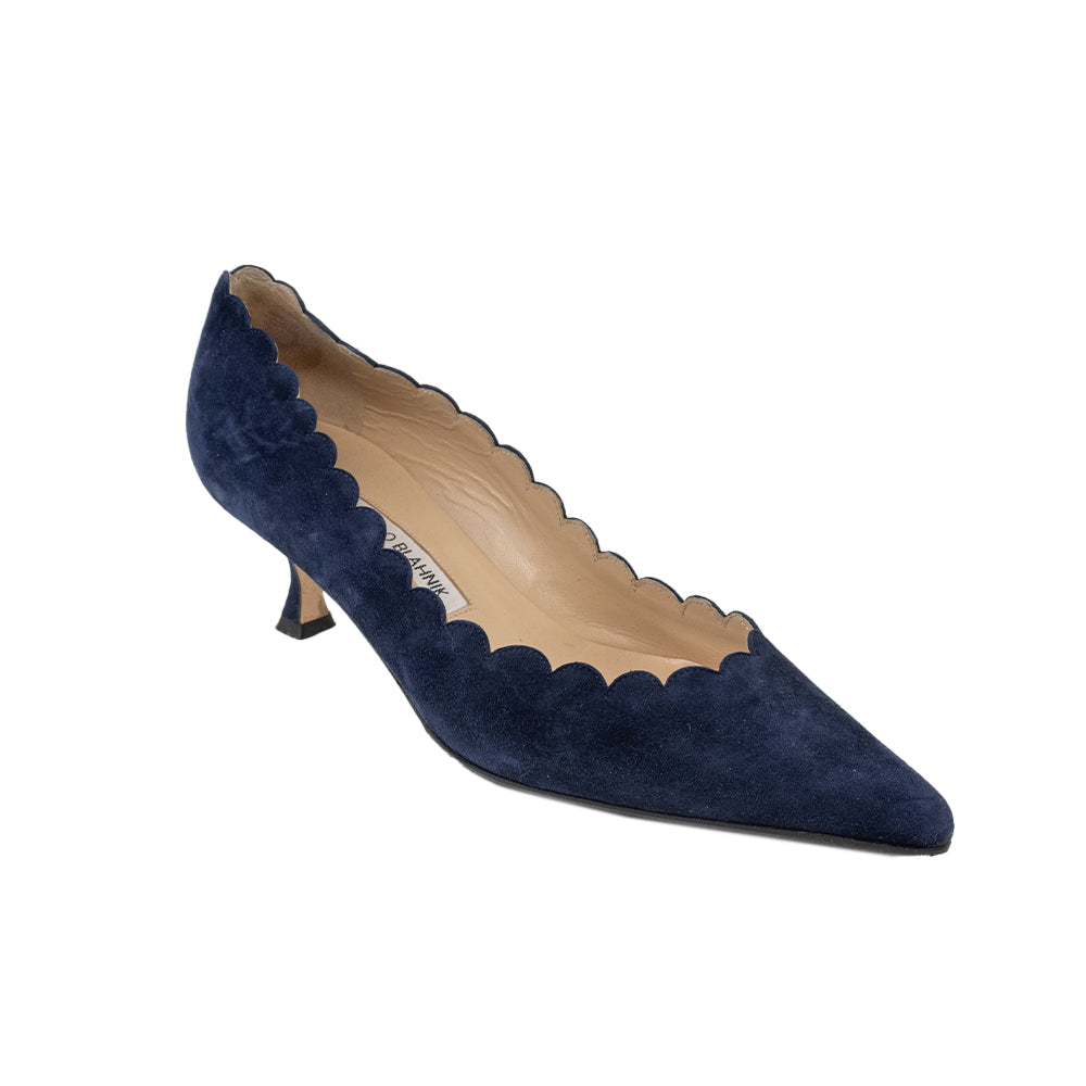 Manolo Blahnik Navy Scalloped Hem Kitten Heels