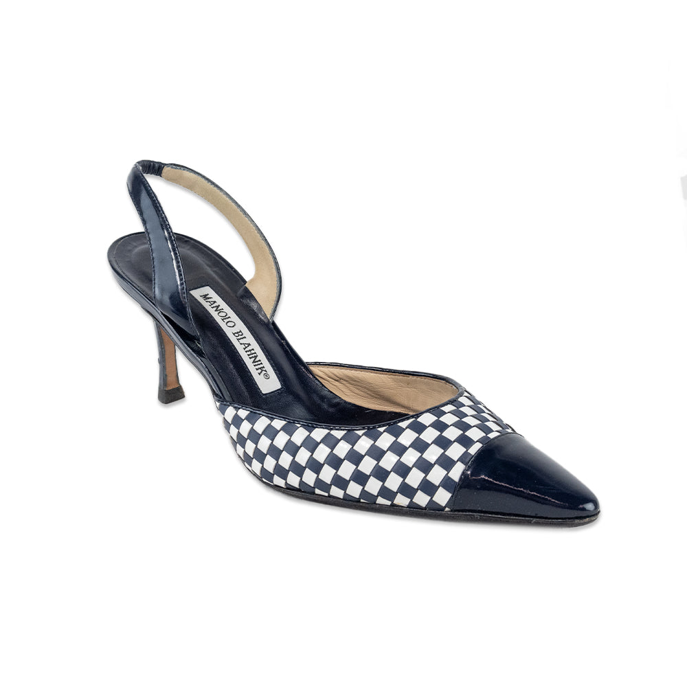 Manolo Blahnik Navy and White Checkered Leather Kitten Heels