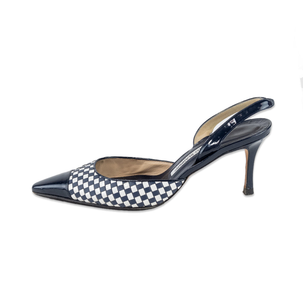 Manolo Blahnik Navy and White Checkered Leather Kitten Heels