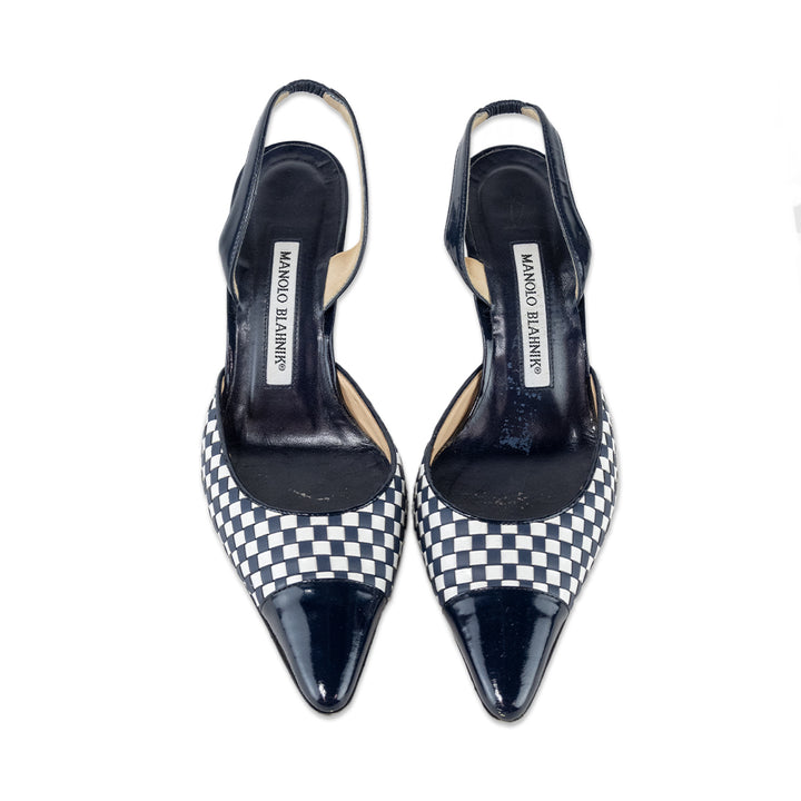 Manolo Blahnik Navy and White Checkered Leather Kitten Heels