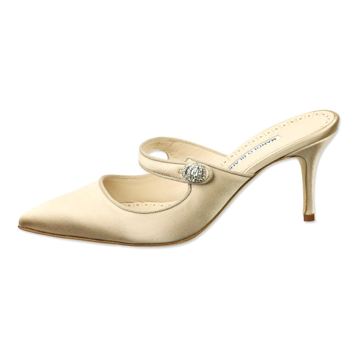 Manolo Blahnik Nude Satin Camparimu Jewel 70 Mule