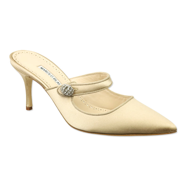 Manolo Blahnik Nude Satin Camparimu Jewel 70 Mule