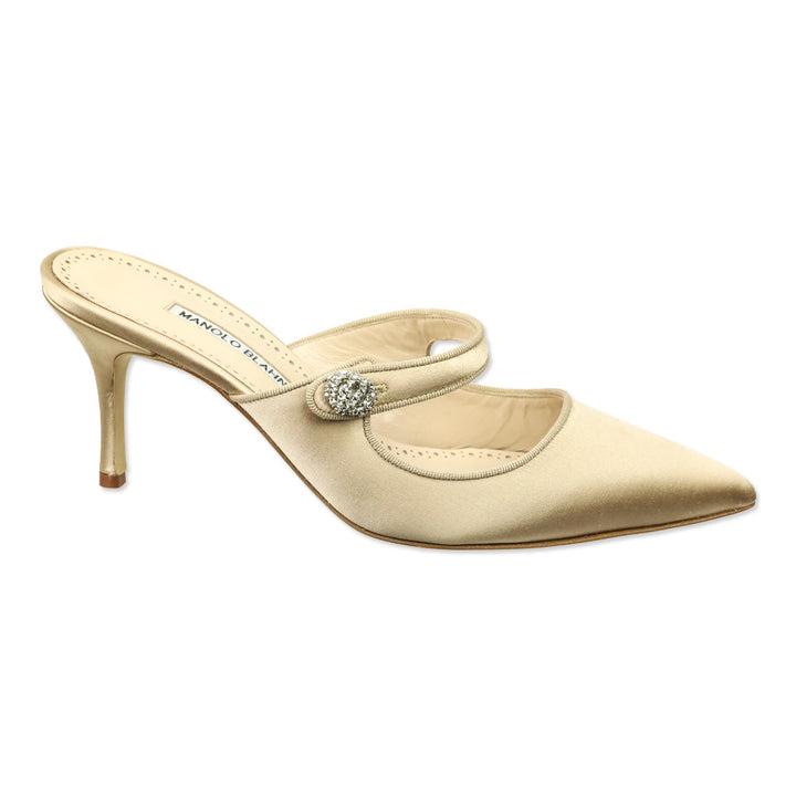 Manolo Blahnik Nude Satin Camparimu Jewel 70 Mule