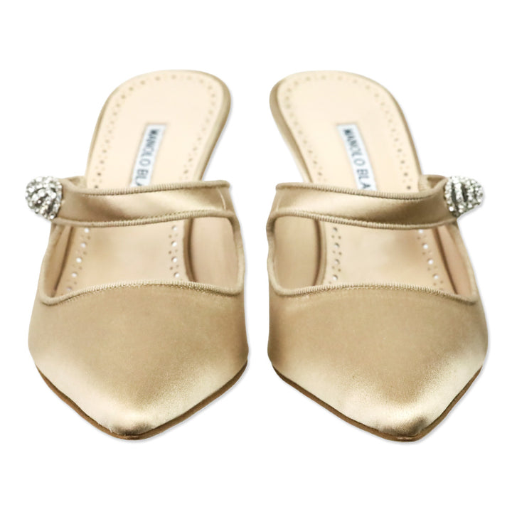 Manolo Blahnik Nude Satin Camparimu Jewel 70 Mule