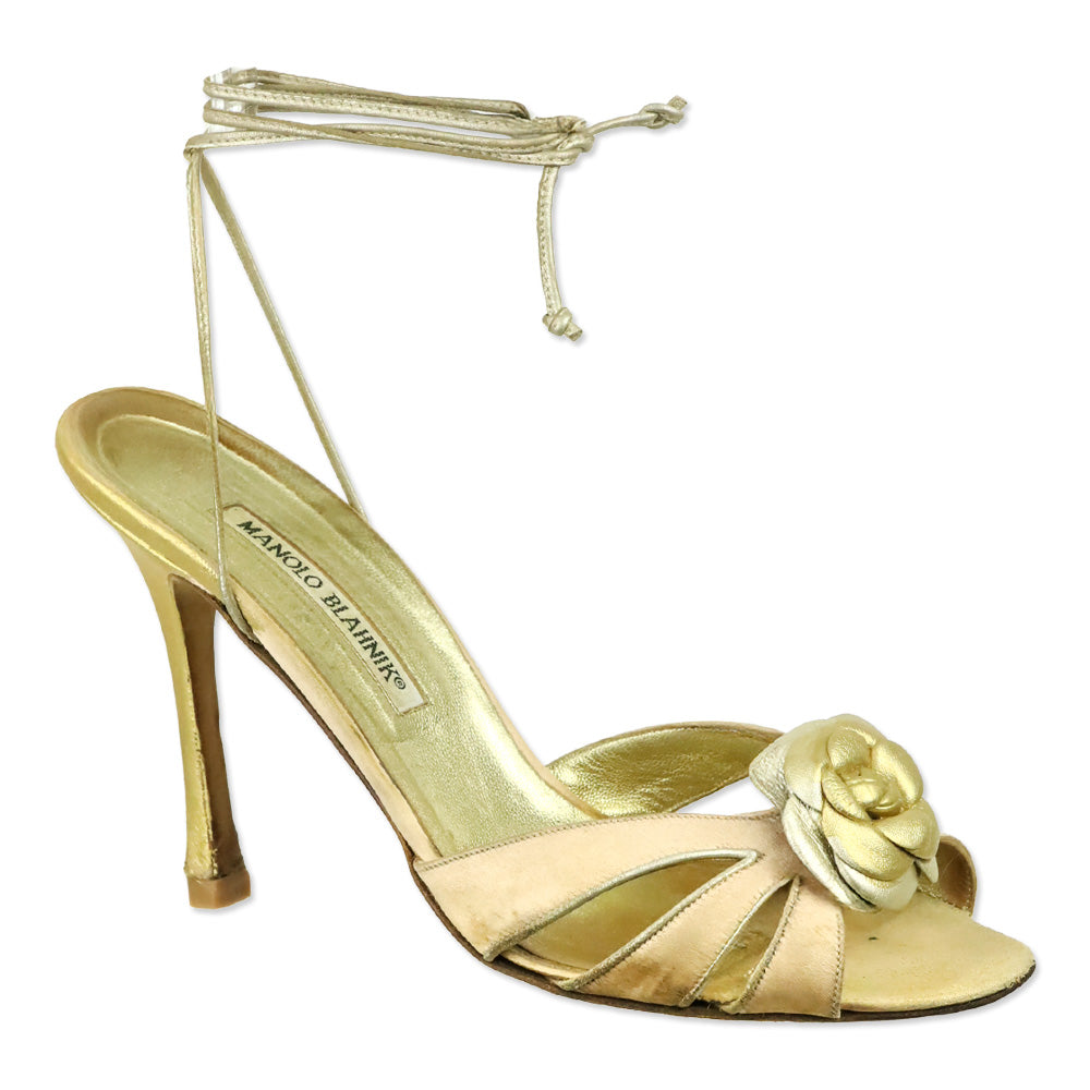 Manolo Blahnik Pink Satin Gold Floral Appliqué Ankle-Wrap Sandal
