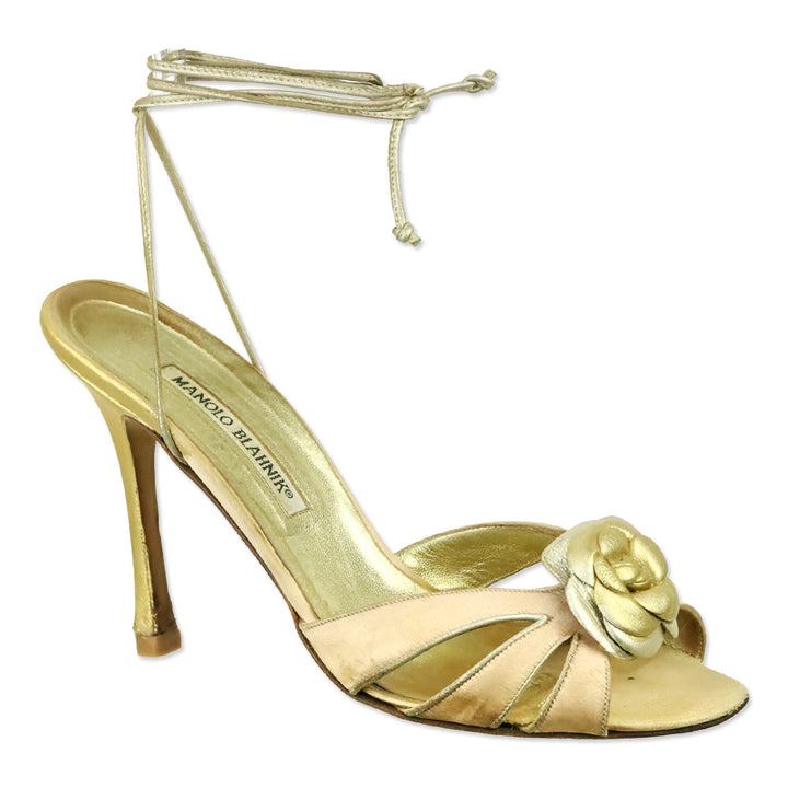 Manolo Blahnik Pink Satin Gold Floral Appliqué Ankle-Wrap Sandal