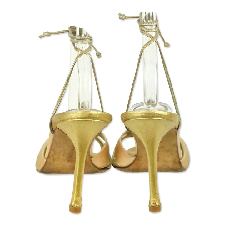 Manolo Blahnik Pink Satin Gold Floral Appliqué Ankle-Wrap Sandal