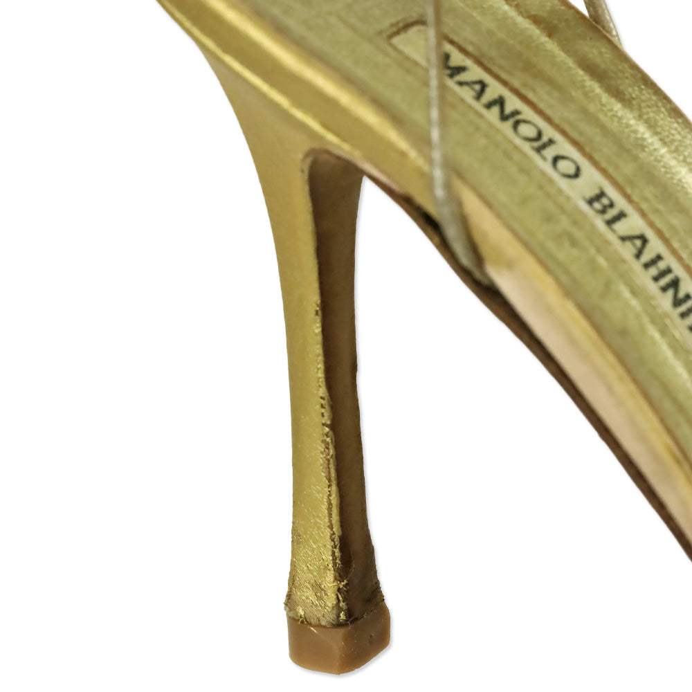 Manolo Blahnik Pink Satin Gold Floral Appliqué Ankle-Wrap Sandal