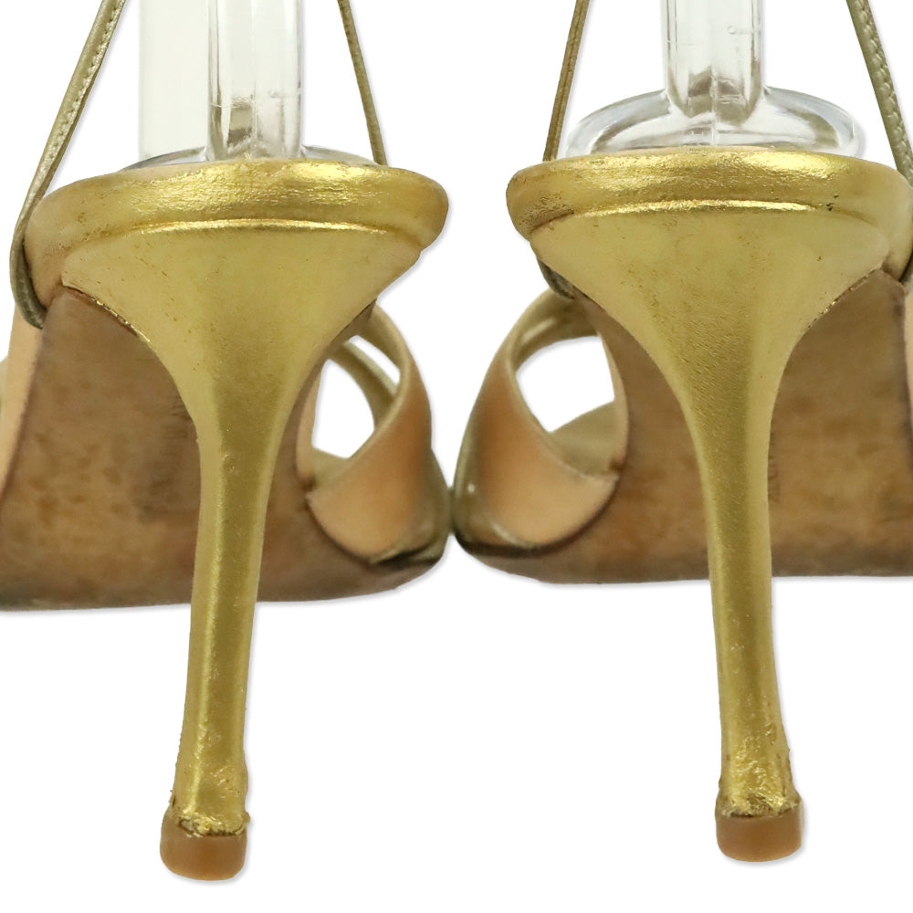Manolo Blahnik Pink Satin Gold Floral Appliqué Ankle-Wrap Sandal