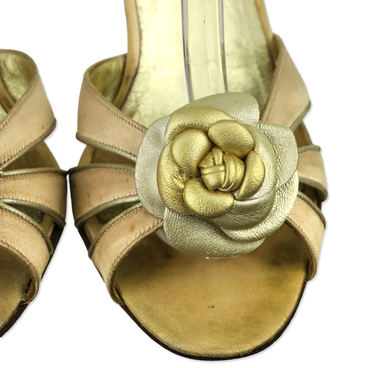 Manolo Blahnik Pink Satin Gold Floral Appliqué Ankle-Wrap Sandal