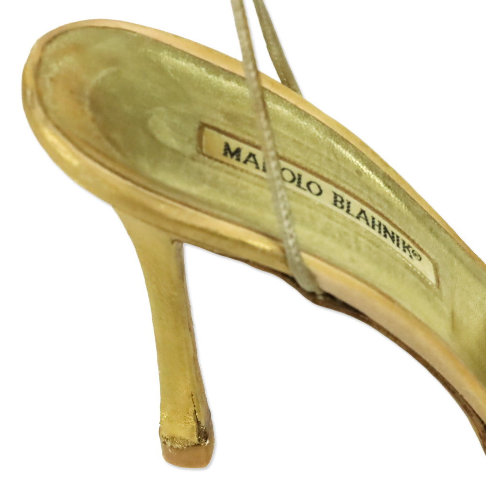 Manolo Blahnik Pink Satin Gold Floral Appliqué Ankle-Wrap Sandal