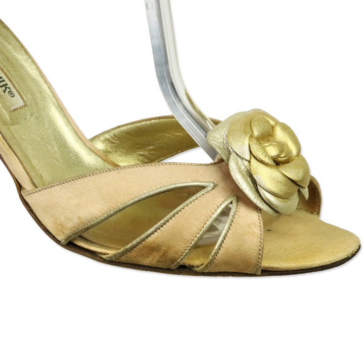 Manolo Blahnik Pink Satin Gold Floral Appliqué Ankle-Wrap Sandal