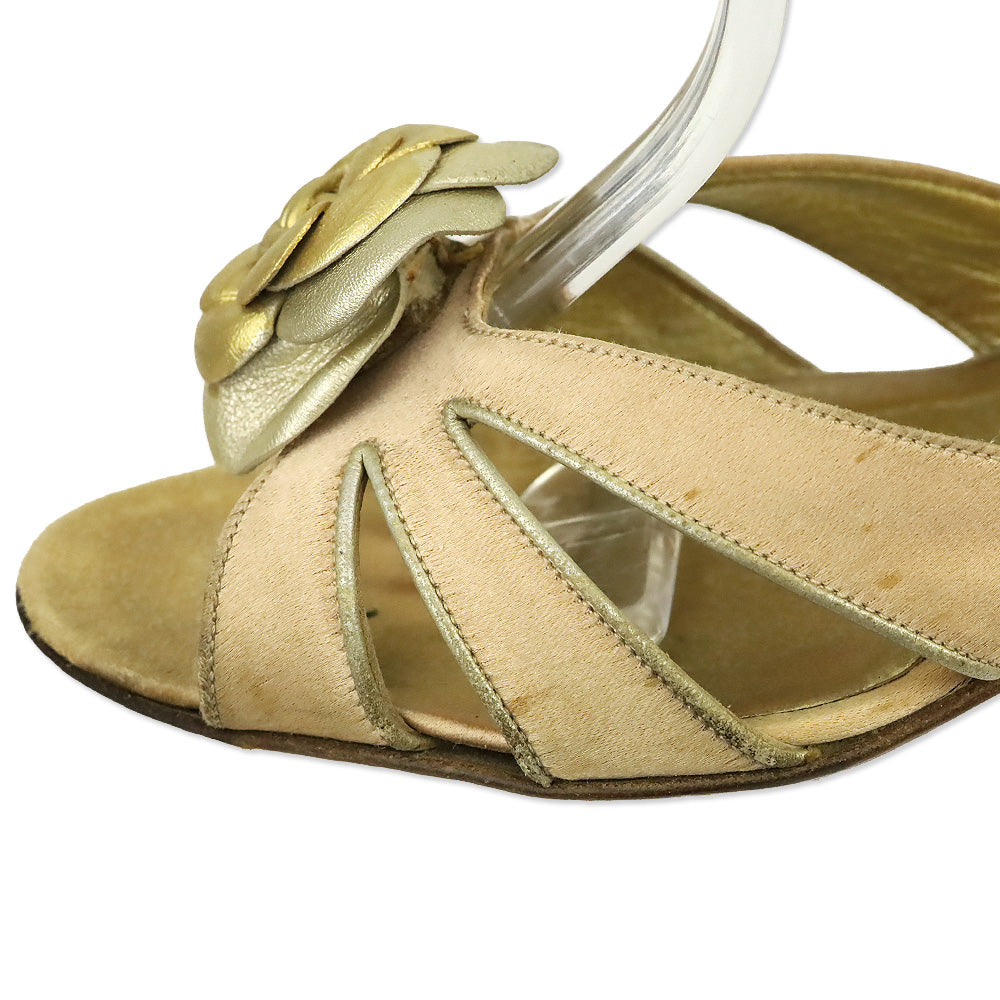 Manolo Blahnik Pink Satin Gold Floral Appliqué Ankle-Wrap Sandal