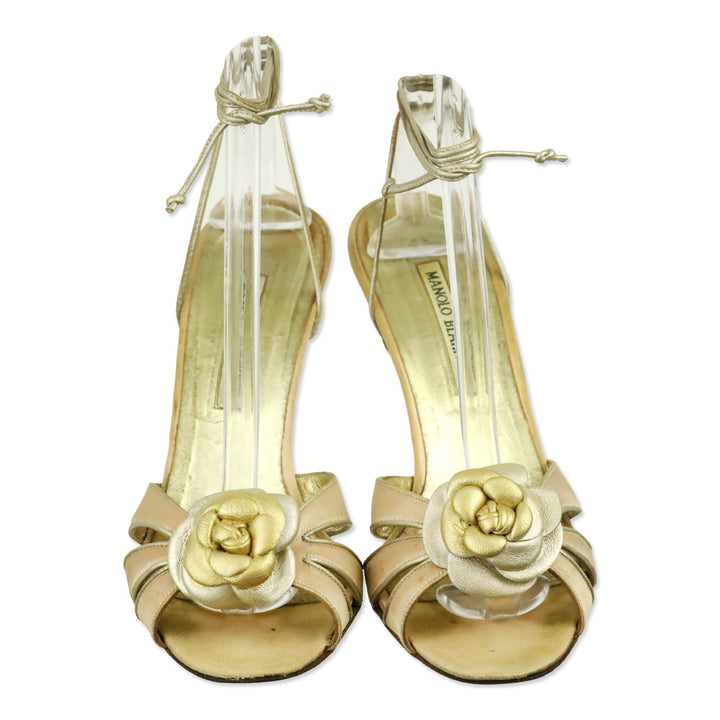 Manolo Blahnik Pink Satin Gold Floral Appliqué Ankle-Wrap Sandal