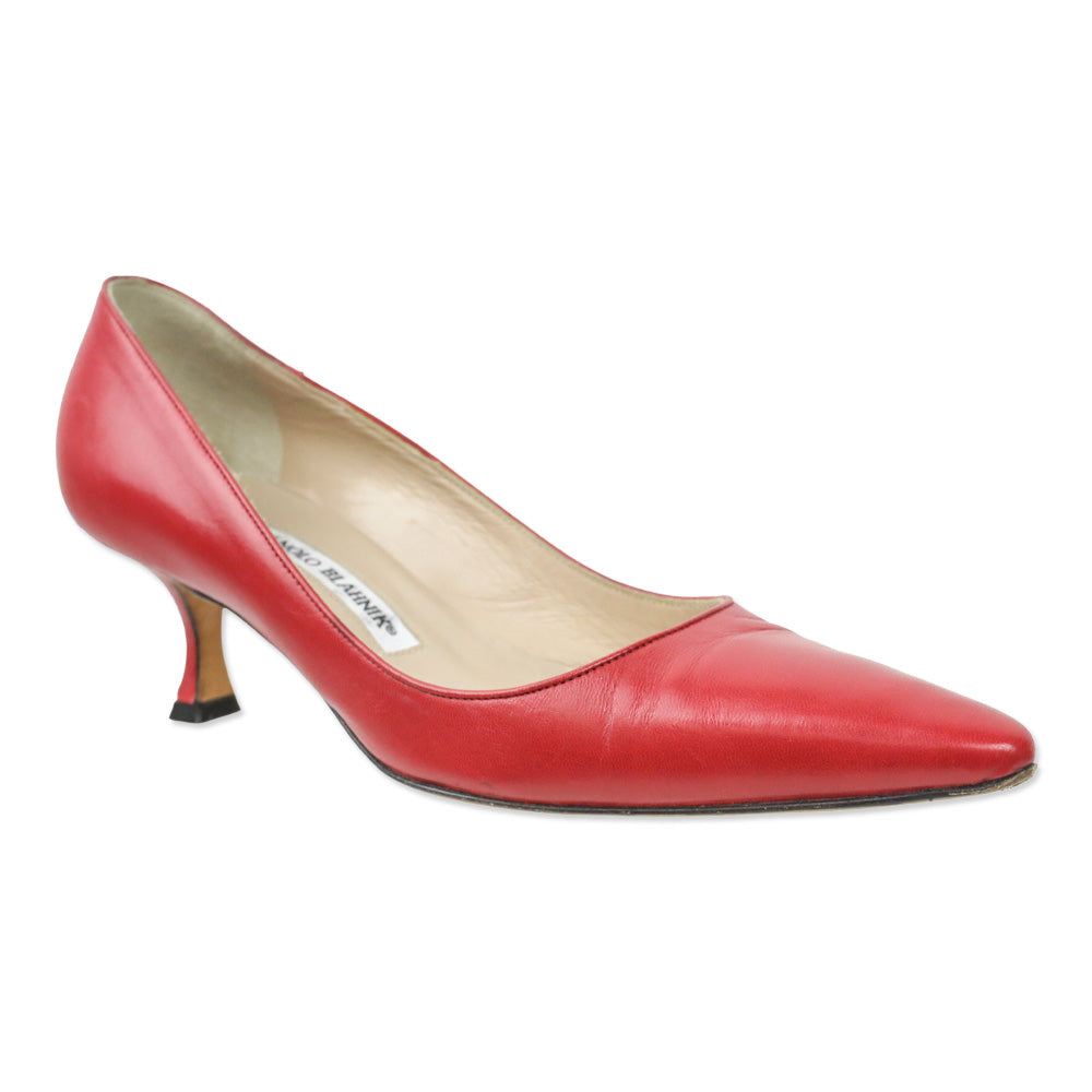 Manolo Blahnik Red Leather Pointed Toe Kitten Pump