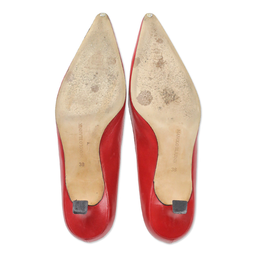 Manolo Blahnik Red Leather Pointed Toe Kitten Pump