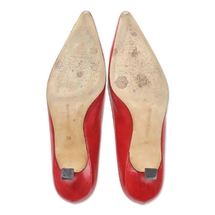 Manolo Blahnik Red Leather Pointed Toe Kitten Pump