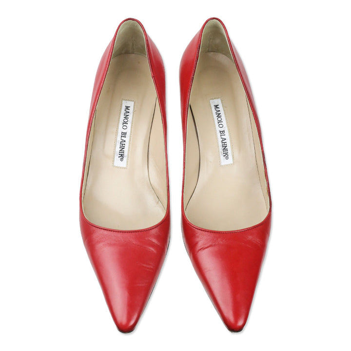Manolo Blahnik Red Leather Pointed Toe Kitten Pump